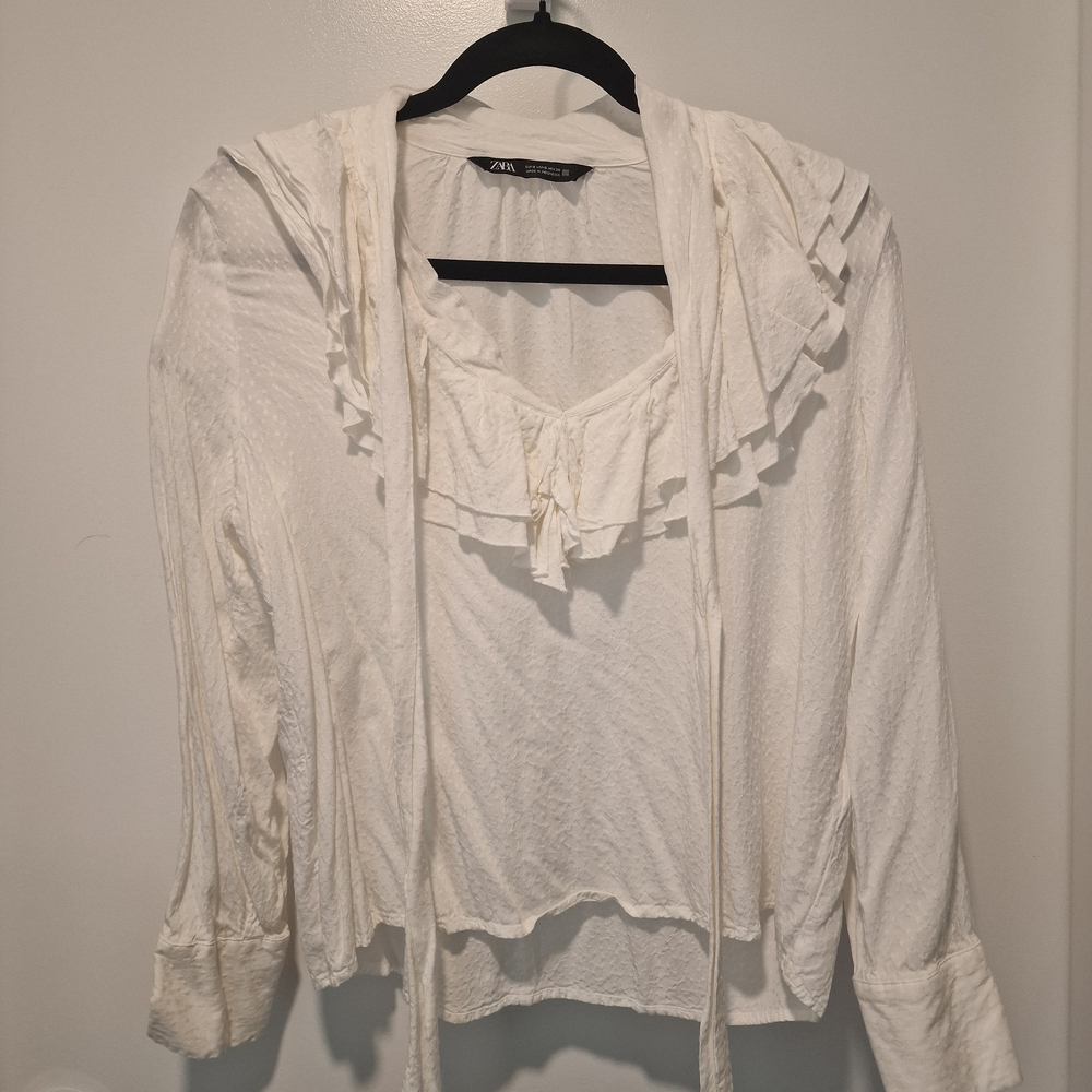 ZARA White Ruffle V-Neck Long-Sleeve Top